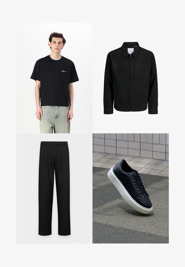 Svart zip-jacka med krage och en enda bröstficka, visad på vit bakgrund.; Svart kortärmad t-shirt i bomull med rundad halsringning och vit logodetalj på bröstet, kombinerad med ljusblå jeans.; Svarta byxor i slät väv, med rak ben-design, två framfickor och standardmidja med bälteshällor.; Svart lädersneaker med rundad tå och vit gummisula. Har platta snören och minimal sömnad på ovansidan. Texturerad sula för grepp.