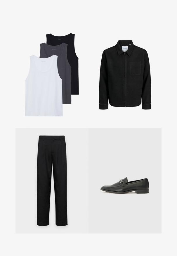 Schwarze Zip-Jacke mit Kragen und einer einzelnen Brusttasche, auf weißem Hintergrund präsentiert.; Drei Tanktops sind ausgestellt: eines in Weiß, eines in Dunkelgrau und eines in Schwarz. Sie bestehen aus weichem Stoff mit abgerundetem Ausschnitt und ohne auffällige Muster.; Schwarze Hose aus glattem Stoff, mit geradem Bein Design, zwei vorderen Falten und einem Standardbund mit Gürtelschlaufen.; Schwarzer Lederloafer mit glatter Oberfläche, ausgestattet mit einer gesteppten Gestaltung und einem dekorativen Metallkettendetail über dem Vorderblatt. Flacher Absatz.