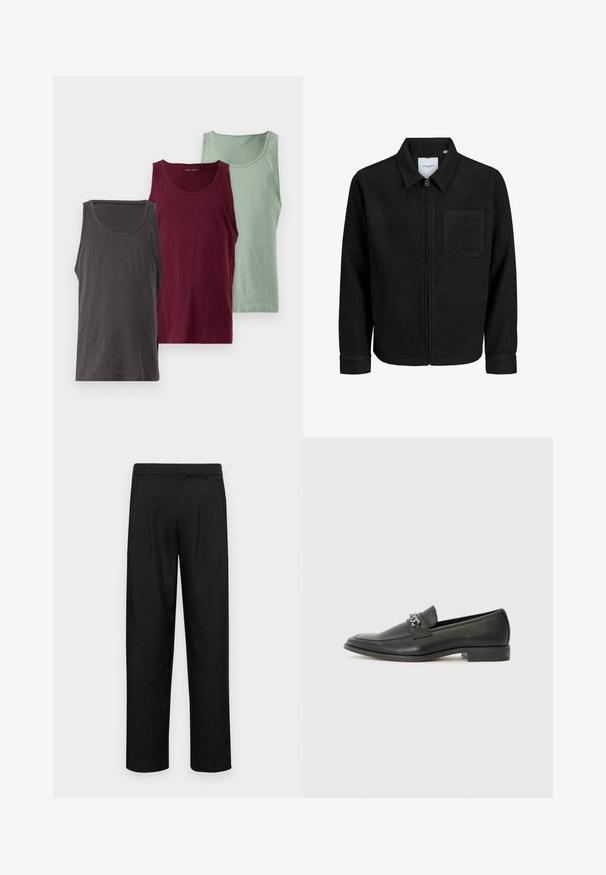 Sort lynlåsjakke med krave og en enkelt brystlomme, vist på hvid baggrund.; Tre tanktops i forskellige farver: mørkegrå, bourgogne og lys grøn. Hver har en glat tekstur og en afrundet halsudskæring.; Sorte bukser lavet af glat stof, med et lige ben-design, to frontfolder og en standard talje med bæltestropper.; Sorte læder loafers med en glat finish, der har et syet design og et dekorativt metal kædeaccent hen over vamps. Flad hæl.