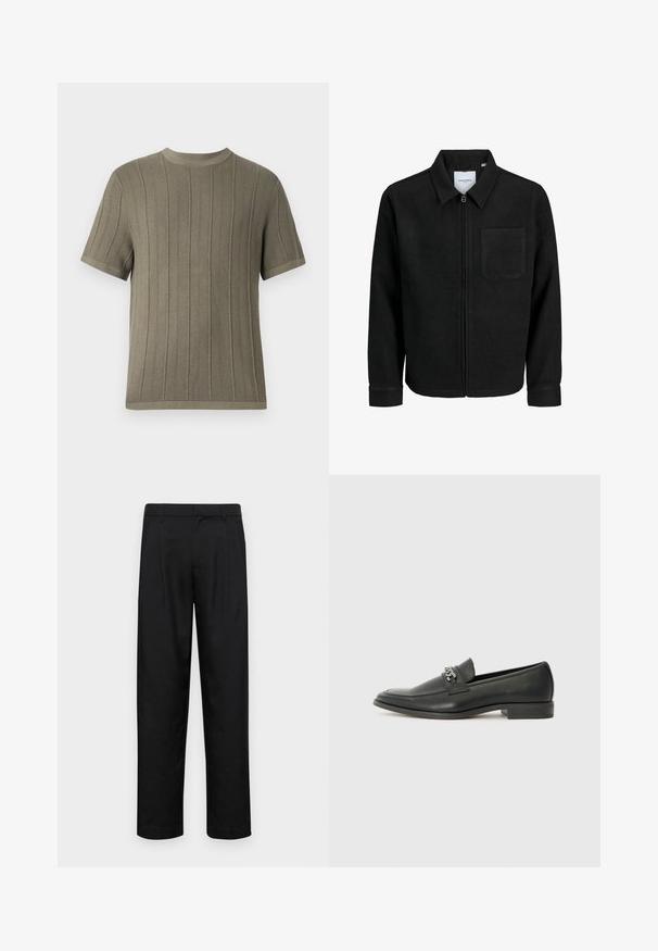 Čierna zipsová bunda s golierom a jednou náprsníkou, vystavená na bielom pozadí.; Olivovo zelené tričko s krátkym rukávom z pleteniny s rebrovanou štruktúrou, okrúhlym výstrihom a rovnými lemami. Obsahuje rovnomerne rozmiestnené vertikálne pruhy.; Čierne nohavice vyrobené z hladkej tkaniny, s rovnými nohavicami, dvoma prednými skladmi a štandardným pásom s pútkami na opasok.; Čierne kožené loafers s hladkým povrchom, s prešitým dizajnom a dekoratívnym kovovým reťazovým akcentom cez priehlavok. Plochý podpätok.