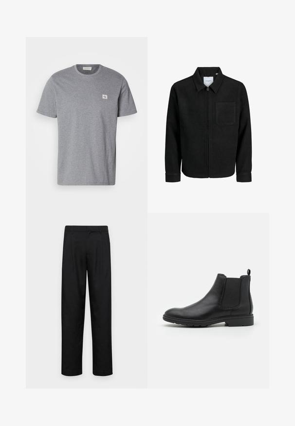 Mustaga lukuga jakker, millel on krae ja üks rinna-tasku, esitatud valgel taustal.; Halli T-särk, mis on valmistatud puuvillase segu kangast, millel on ümmargune kaelus, lühikesed varrukad ja väike CK logoplaat vasakul rinnal.; Mustad mustadest riietest, millel on sirge jalgade disain, kaks eesmist voltimist ja tavaline vöökoht, millel on vöökohad.; Mustat nahast Chelsea saapad elastsete külgpaneelide ja tõmbeotsaga, ümarate varvaste ja tekstuurse kummitaldiga.