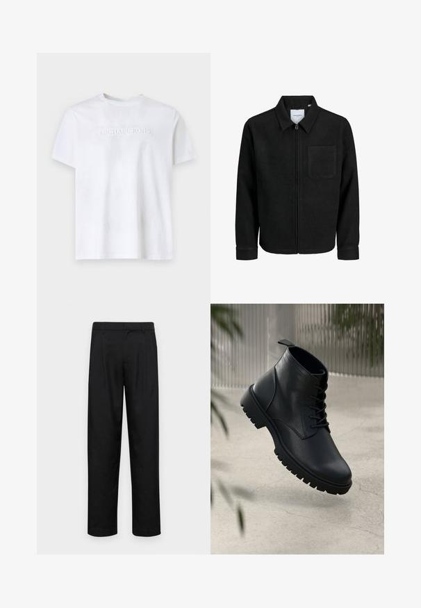 Black zip-up jacket with collar and single chest pocket, displayed on white background.; White short-sleeve crew neck t-shirt with embossed "MICHAEL KORS" logo centered on the chest against a plain background.; Black trousers made of smooth fabric, featuring a straight-leg design, two front pleats, and standard waistband with belt loops.; Black leather ankle boots with a rounded toe, lace-up design, and rugged rubber sole. Smooth texture with a pull tab at the back.