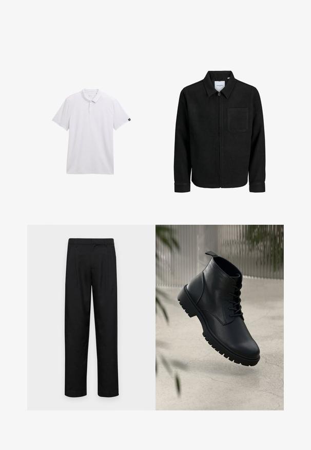 Musta vetoketjullinen takki, jossa on kaulus ja yksi rintatasku, esitelty valkoista taustaa vasten.; Valkoinen polo-paita, joka on valmistettu sileästä kankaasta. Paidan ominaisuuksiin kuuluvat klassinen kaulus, kolme nappia, lyhyet hihat ja pieni logo koristeena hihassa.; Mustat housut, jotka on valmistettu sileästä kankaasta, suoran lahkeen muotoilulla, kahdella etupleekillä ja tavanomaisella vyötäröllä, jossa on vyölenkit.; Mustat nahka nilkkurit, joissa on pyöreä kärki, nauhakiinnitys ja kova kumipohja. Sujuva pinta, jossa on vetoketju takana.