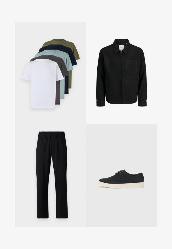 Melna jaka ar rāvējslēdzēju un apkakli, vienu krūšu kabatu, parādīta uz baltas fona.; Seši īsas piedurknes kreklu t-krekli ar apaļu kakla izgriezumu baltā, tumši pelēkā, gaiši zilā, jūras zilā, olīvzaļā un tumši zaļā krāsā, demonstrējot vienkrāsainas tonalitātes un kokvilnas tekstūru.; Melni elastīgi bikses ar taisnas kājas dizainu, ar gludu tekstūru un bez redzamām zīmēm vai detaļām.; Melna zamšā ar auklēm, ar noapaļotu purngalu, viegla krēmkrāsas zole un smalki zila šuvēšana akcentos augšējā daļā.