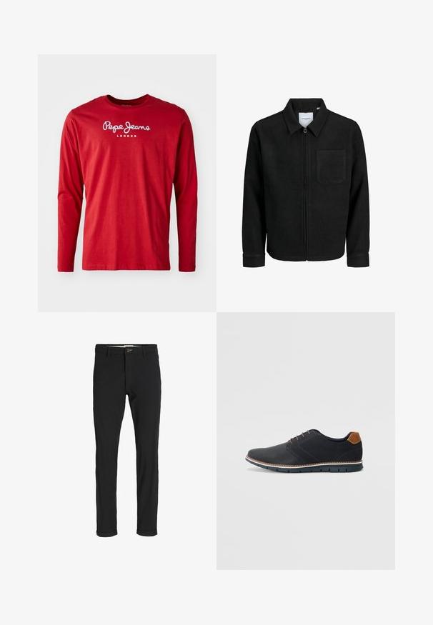 Juodas džemperis su užtrauktuku, apykakle ir vienu krūtiniu kišenėje, pristatytas baltame fone.; Raudonas ilgomis rankovėmis marškinėliai su apvaliu kaklu, ant krūtinės baltai spausdintu "Pepe Jeans London" logotipu, rodomi prieš baltą foną.; Juodi medvilnės mišiniai kelnės su siauru siluetu, su mygtuko uždarymu, kišenėmis ir sukamučiais galais, suteikiančiais laisvalaikio stilių.; Juodi sintetiniai batai su tekstūruotu paviršiumi, lygiomis detalėmis, ruda kulna ir kontrastingu padu. Yra minimalus raištelių užsidėjimas ir siuvimo detalės.