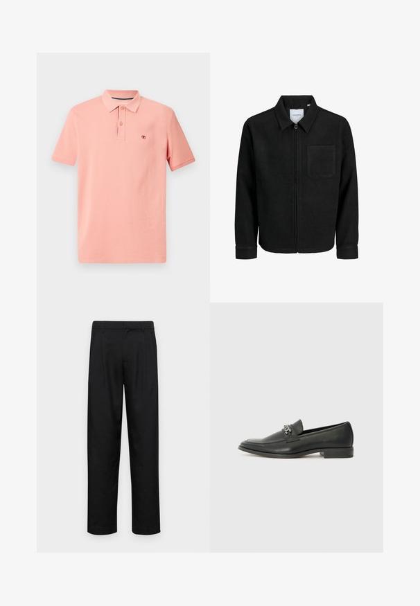 Črna jakna z zadrgo in ovratnikom ter enim žepom na prsih, prikazana na beli podlagi.; Polo majica v svetlem koralnem odtenku, iz bombažnega materiala, kratke rokave, z zapenjanjem na tri gumbe, diskretno izšito logo na prsih, gladka tekstura.; Črne hlače iz gladkega materiala, s krojem ravne noge, dvema sprednjima pregiboma in standardnim pasom z zankami za pas.; Črni usnjeni loafer z gladko površino, ki ima šivano zasnovo in dekorativni kovinski verižni naglas preko vampirja. Ravno peto.