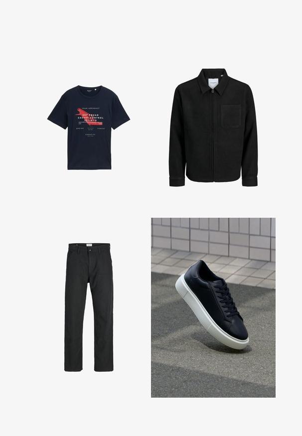 Chaqueta negra con cremallera y cuello, con un solo bolsillo en el pecho, expuesta sobre un fondo blanco.; Camiseta de algodón en azul marino con escote redondo, mangas cortas y gráficos de texto en el frente con acentos rojos y detalles de diseño con temática de aviación.; Pantalones negros de tela duradera, con un diseño de pierna recta, detalles cosidos y dos bolsillos frontales para mayor funcionalidad.; Zapatilla de cuero negro con punta redonda y suela de goma blanca. Presenta cordones planos y un mínimo de costuras en la parte superior. Suela texturizada para proporcionar agarre.