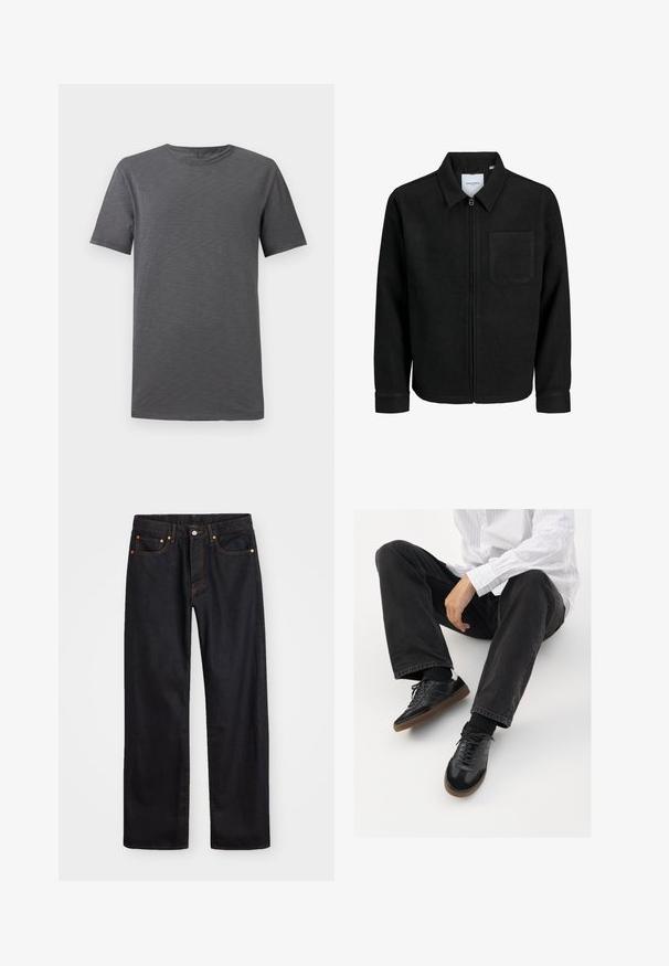 Mustaga lukuga jakker, millel on krae ja üks rinna-tasku, esitatud valgel taustal.; Hall t-särk lühikeste varrukatega, esitlemine valge tausta ees, koos ümmarguse kaelusega ja lihtsa, üleüldise disainiga.; Meeste sirge jala mustad denim teksad viie taskuga, oranž õmblus, nupu ja tõmblukuga ees nagu vöökoht.; Mustad spordijalatsid siledast ja tekstuurilisest ülemisest osast, millel on kummist tald ja tumedad nöörid. Kombineeritud mustade teksade ja valge triibulise särgiga.