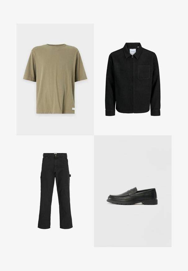 Fekete, zipzáros dzseki gallérral és egyetlen mellzsebbel, fehér háttéren.; Abercrombie & Fitch PREMIUM CREW JOCKTAG - Basic póló - mermaid; Fekete cargo nadrág pamut keverékből készült. Széles lábakkal, elöl ferdén zsebekkel és egy oldalsó zsebbel rendelkezik, amelyen egy hurok található kiegészítők számára.; Fekete bőr mokaszinok sima felülettel, a mokaszin stílusú felsőrésszel, varrott részletezéssel és gumitalppal. Klasszikus dizájn alacsony sarokkal.