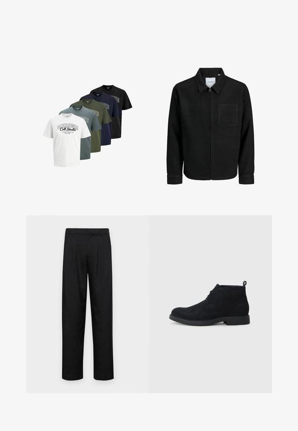 Musta vetoketjullinen takki, jossa on kaulus ja yksi rintatasku, esitelty valkoista taustaa vasten.; Viisi taitettua lyhythihaista crew neck -t-paitaa valkoisena, sinisenä, vihreänä, tummansinisenä ja mustana, joissa on "JACK & JONES Coll. Studio" -teksti painettuna etupuolelle.; Mustat housut, jotka on valmistettu sileästä kankaasta, suoran lahkeen muotoilulla, kahdella etupleekillä ja tavanomaisella vyötäröllä, jossa on vyölenkit.; Mustat mokkasiinit nilkkakengät, joissa on pyöreä kärki, nauhakiinnitys ja teksturoitu kumiulkopohja. Takana on pieni vetotappi.