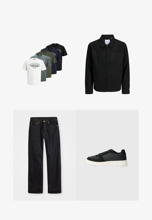 Crna jakna na zip s ovratnikom i jednim džepom na prsima, prikazana na bijeloj pozadini.; Pet kratkih rukava majica s okruglim izrezom u bijeloj, plavoj, zelenoj, mornarskoj i crnoj boji, s natpisom "JACK & JONES Coll. Studio" otisnutim sprijeda.; Muške traperice ravnog kroja, crne boje, s pet džepova i narančastim šavovima, sa zatvaranjem na dugme i patentni zatvarač na prednjem dijelu struka.; Crni niski tenisice s teksturiranom kožom i antilop panelima, bijelim gumene potplate i crnim vezicama na jednostavnoj svijetloj pozadini.
