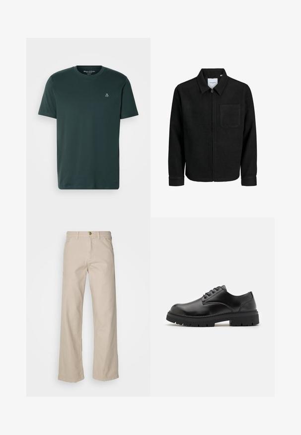 Črna jakna z zadrgo in ovratnikom ter enim žepom na prsih, prikazana na beli podlagi.; Temno zelena majica kratkih rokavov iz mehkega materiala, s krožnim izrezom in kratkimi rokavi. Vezena blagovna znamka na levem prsnem delu.; Bež hlače širokega kroja iz bombaža z petimi žepi, zapiranjem na gumb in zankami za pas; gladka tekstura s pravim krojem in robom.; Črne usnjene čevlje s podolgovatim prstom, z vezalnim dizajnom in debelim, teksturiranim gumijastim podplatom. Imajo šivanje ob robu in gladko površino.