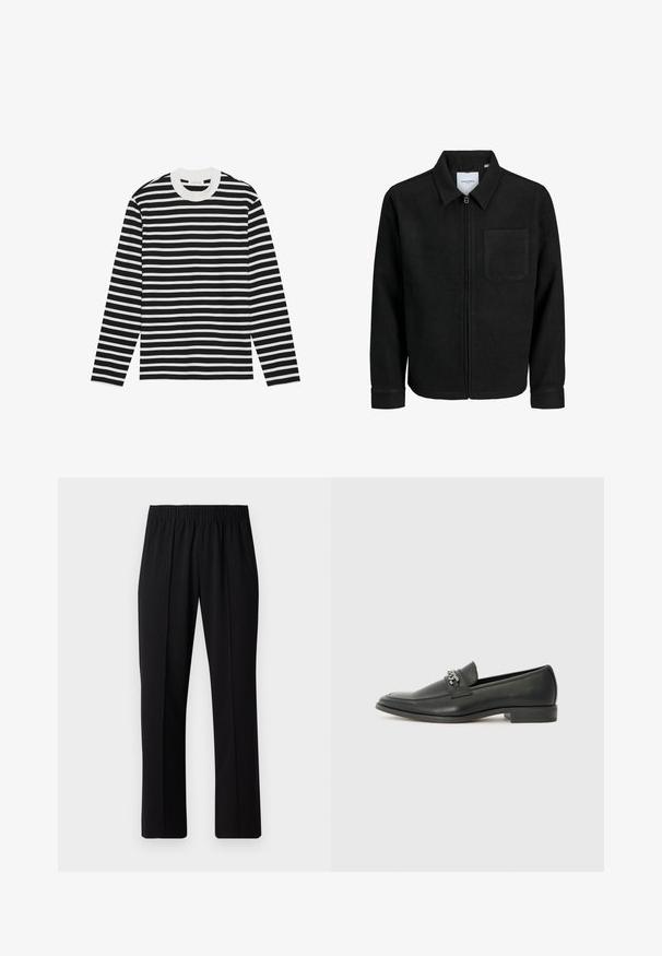 Black zip-up jacket with collar and single chest pocket, displayed on white background.; Long-sleeve sweater featuring horizontal black and white stripes, round neckline, and ribbed cuffs. Soft fabric with a classic fit.; Black, elastic-waist trousers with a straight-leg design, featuring a smooth texture and no visible patterns or hardware.; Black leather loafer with a smooth finish, featuring a stitched design and a decorative metal chain accent across the vamp. Flat heel.