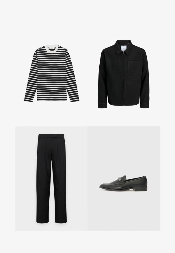 Jachetă neagră cu fermoar, cu guler și un singur buzunar pe piept, expusă pe fundal alb.; Pulover cu mânecă lungă, prezentând dungi orizontale negre și albe, guler rotund și manșete ribbate. Material moale cu o croială clasică.; Pantaloni negri dintr-un material neted, cu un design drept, două pliuri frontale și un tiv standard cu bucle pentru curea.; Pantofii negri din piele cu un finisaj neted, având un design cusut și un accent decorativ de lanț metalic peste partea de sus. Toc plat.