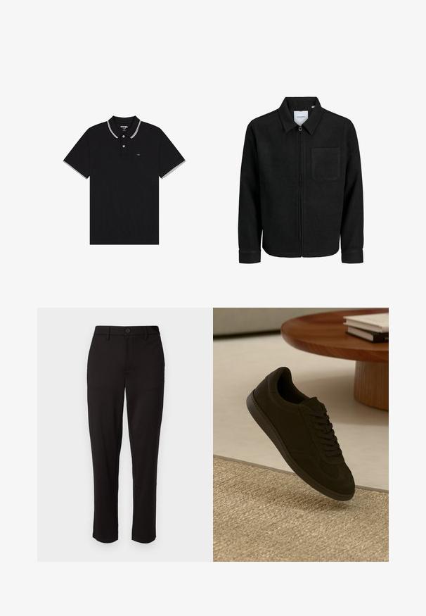 Černá zipová bunda s límečkem a jednou kapsou na hrudi, vystavená na bílém pozadí.; Černé polo tričko vyrobené z texturované látky, s přeloženým límečkem s bílými akcenty, dvoutlačítkovou légou a malým logem na hrudi.; Černé kalhoty vyrobené z lehkého materiálu, s rovnými nohavicemi, zapínáním na knoflík vpředu, poutky na opasek a bočními kapsami.; Černé semišové tenisky s kulatou špičkou, šněrováním, texturovanou gumovou podrážkou a kontrastním prošíváním, vystavené nad tkaným kobercem.