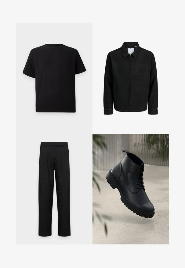 Schwarze Zip-Jacke mit Kragen und einer einzelnen Brusttasche, auf weißem Hintergrund präsentiert.; Schwarzes Kurzarm-T-Shirt aus strukturiertem Stoff, mit einem Rundhalsausschnitt und einer lockeren Passform. Einfach, ohne Muster oder Akzente.; Schwarze Hose aus glattem Stoff, mit geradem Bein Design, zwei vorderen Falten und einem Standardbund mit Gürtelschlaufen.; Schwarze Lederstiefeletten mit runder Zehenform, Schnürdesign und robustem Gummisohle. Glatte Textur mit einer Zuglasche an der Rückseite.