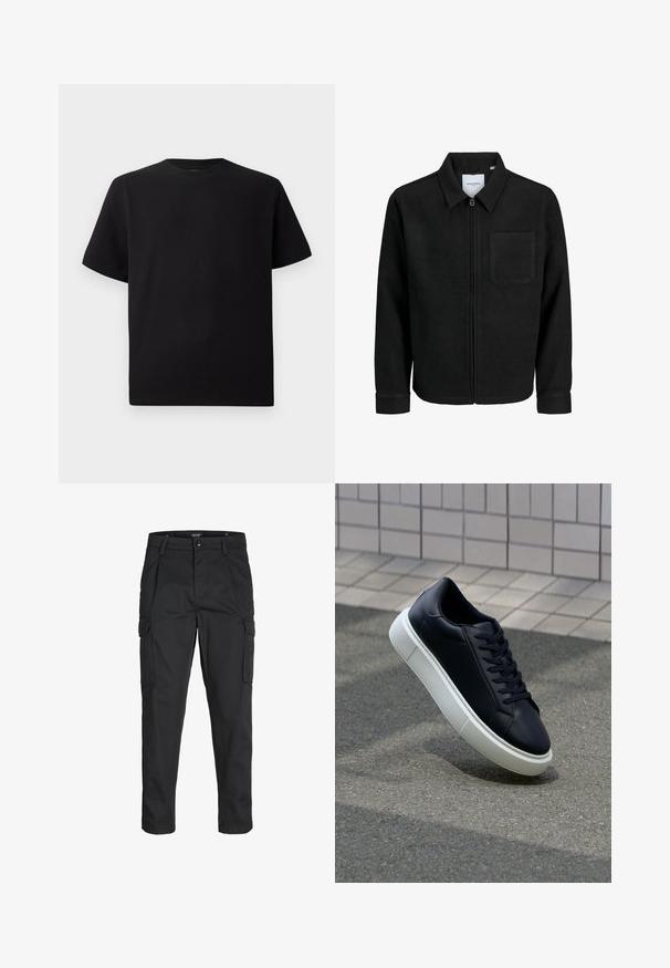 Zwarte zip-up jas met kraag en enkele borstzak, weergegeven op een witte achtergrond.; Zwarte T-shirt met korte mouwen van gemerceriseerd stof, met een ronde halslijn en een relaxte pasvorm. Eenvoudig, zonder patronen of accenten.; Zwarte cargobroek van stevig stof, met meerdere zakken, een knoopsluiting en een slim fit ontwerp met taps toelopende benen.; Zwarte leren sneaker met een ronde neus en een witte rubberen zool. Voorzien van platte veters en minimale stiksels op het bovenwerk. Textuurrijke zool voor grip.
