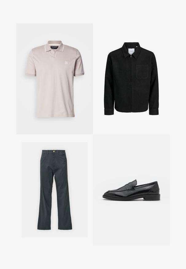 Giacca nera con zip, colletto e una tasca sul petto, mostrata su sfondo bianco.; Polo shirt beige chiaro realizzato in cotone, con colletto classico, bordi bianchi, maniche corte e un piccolo logo ricamato sul petto.; Pantaloni neri con taglio dritto, realizzati in tessuto misto cotone. Presentano una chiusura con bottone metallico e tasche laterali. Nessun motivo visibile.; Mocassini in pelle nera con finitura liscia, caratterizzati da una punta tonda e una fascia stretta sulla parte superiore. Tacco basso impilato.