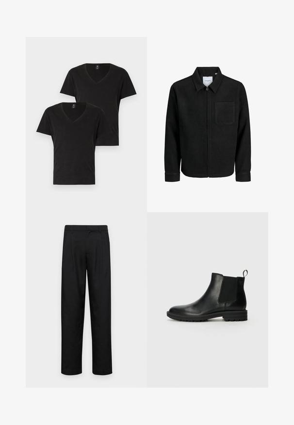 Črna jakna z zadrgo in ovratnikom ter enim žepom na prsih, prikazana na beli podlagi.; Dve črne v-neck majice iz mehkega bombaža. Kratki rokavi in standardni kroj. Minimalističen dizajn z discretnim logotipom na prsih.; Črne hlače iz gladkega materiala, s krojem ravne noge, dvema sprednjima pregiboma in standardnim pasom z zankami za pas.; Jack & Jones JFWHOSKINS - Klasični gležnjarji - anthracite