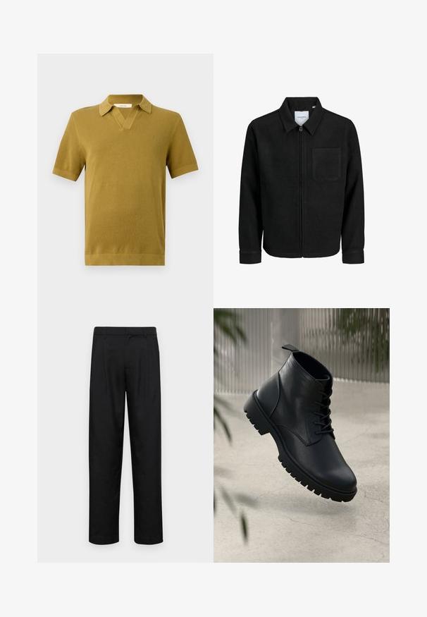 Juodas džemperis su užtrauktuku, apykakle ir vienu krūtiniu kišenėje, pristatytas baltame fone.; Trumpas rankovėmis polos marškiniai muskusinės geltonos spalvos, su struktūruotu mezgimu, V formos apykakle ir įribiuotais rankogaliais bei apatine dalimi.; Juodi kelnių modeliai, pagaminti iš lygios medžiagos, turi tiesią kojas, du priekiniai klostės ir standartinę juosmenį su diržo kilpomis.; Juodi odiniai auliniai batai su apvaliu pirštu, su raišteliais ir tvirtu guminio pado dizainu. Romus paviršius su kilpeliu gale.