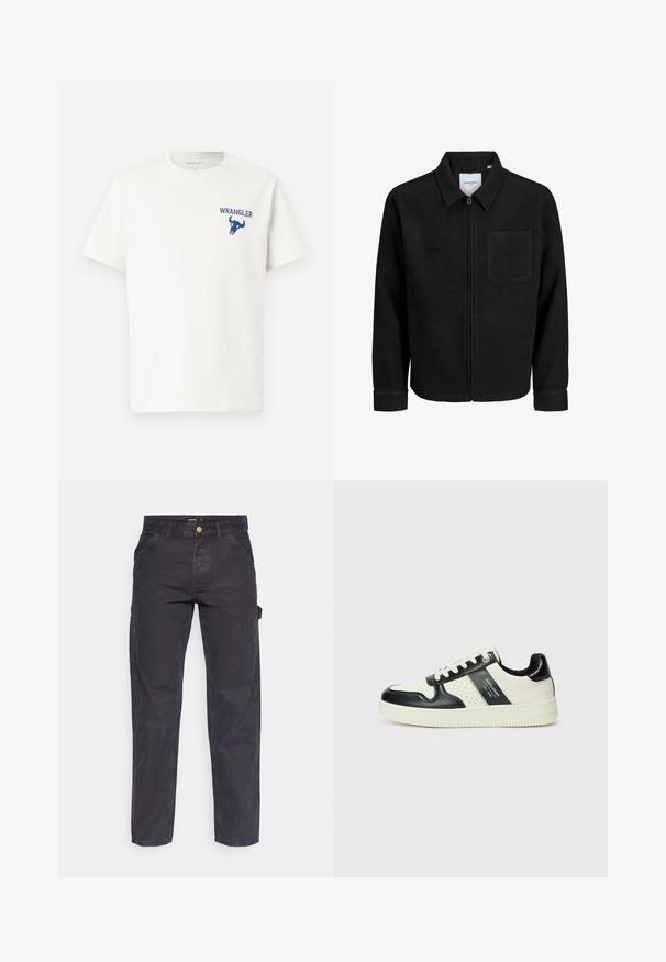 Melna jaka ar rāvējslēdzēju un apkakli, vienu krūšu kabatu, parādīta uz baltas fona.; Balts kokvilnas T-krekls ar zilu Wrangler logotipu un buļļa grafiku kreisajā krūšu daļā. Īsās piedurknes un apaļa kakla izgriezuma forma.; Tumši pelēki kravas bikses, kas izgatavotas no izturīga auduma, ar taisnu piegriezumu, piecām kabatām un pogu aizdari viduklī.; Ādas sporta apavi ar melnbaltu krāsu shēmu, ar perforētiem akcentiem, mīkstinātu apkakli un teksturētu zoli.