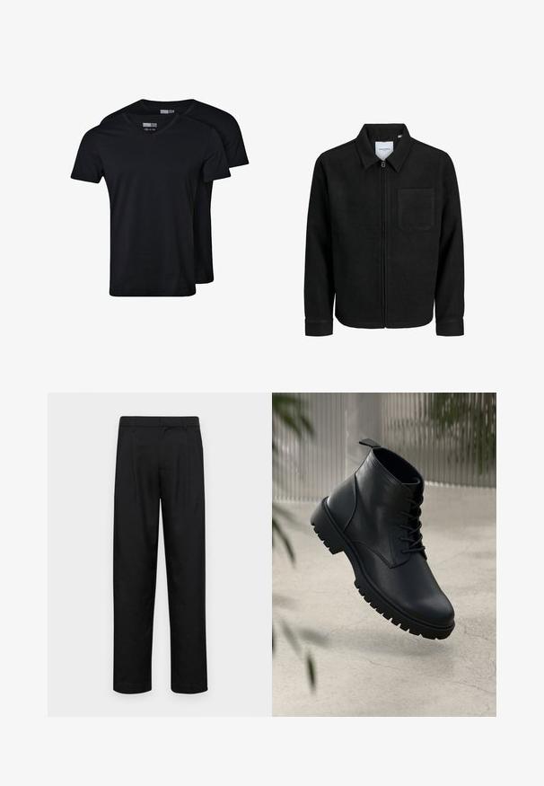 Giacca nera con zip, colletto e una tasca sul petto, mostrata su sfondo bianco.; T-shirt neri a scollo a V realizzati in tessuto misto cotone. Maniche corte, vestibilità rilassata e texture liscia. Il pacco include due magliette.; Pantaloni neri realizzati in tessuto liscio, caratterizzati da un taglio dritto, due pieghe frontali e una vita standard con passanti per la cintura.; Stivali alla caviglia in pelle nera con punta arrotondata, design con lacci e suola in gomma robusta. Texture liscia con una linguetta sul retro.