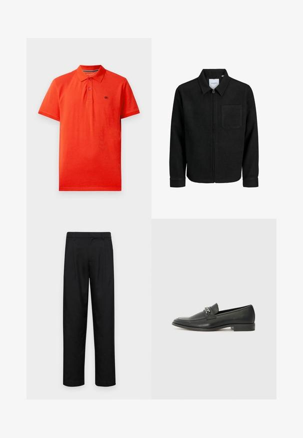 Sort lynlåsjakke med krave og en enkelt brystlomme, vist på hvid baggrund.; Rød polo t-shirt lavet af bomuld, med krave, tre-knap lukning, korte ærmer og et lille logo på venstre bryst.; Sorte bukser lavet af glat stof, med et lige ben-design, to frontfolder og en standard talje med bæltestropper.; Sorte læder loafers med en glat finish, der har et syet design og et dekorativt metal kædeaccent hen over vamps. Flad hæl.