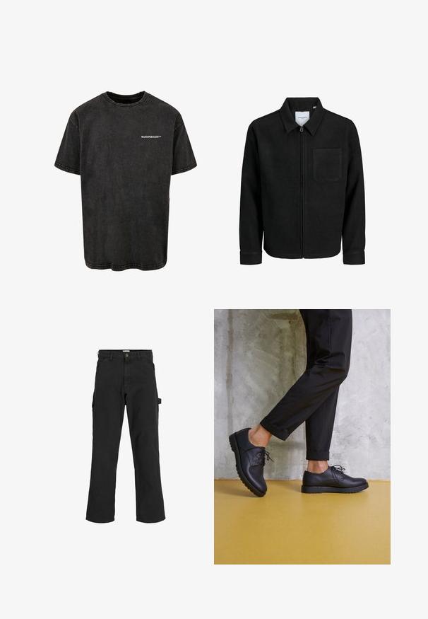 Jachetă neagră cu fermoar, cu guler și un singur buzunar pe piept, expusă pe fundal alb.; Tricou negru din bumbac, cu guler rotund, mâneci scurte și un aspect vintage, având un logo alb imprimat pe față.; Pantaloni cargo negri dintr-un amestec de bumbac. Au picioare largi, buzunare frontale înclinate și un buzunar lateral cu un laț pentru accesorii.; Pantofi din piele neagră, cu șireturi, cu vârf rotund, suprafață texturată și talpă groasă din cauciuc. Purtați cu pantaloni negri răsuciți, pe un fundal de beton.