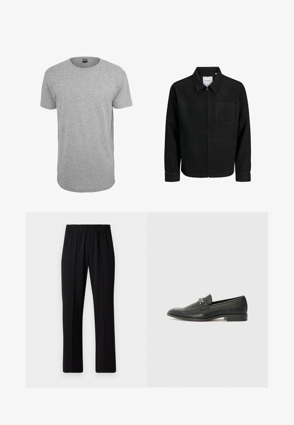 Sort lynlåsjakke med krave og en enkelt brystlomme, vist på hvid baggrund.; Grå bomulds T-shirt med rund hals, korte ærmer, lige kant og en blød tekstur; minimal branding synlig ved halsudskæringen.; Sorte bukser med elastisk talje og lige ben, der har en glat tekstur og ingen synlige mønstre eller hardware.; Sorte læder loafers med en glat finish, der har et syet design og et dekorativt metal kædeaccent hen over vamps. Flad hæl.