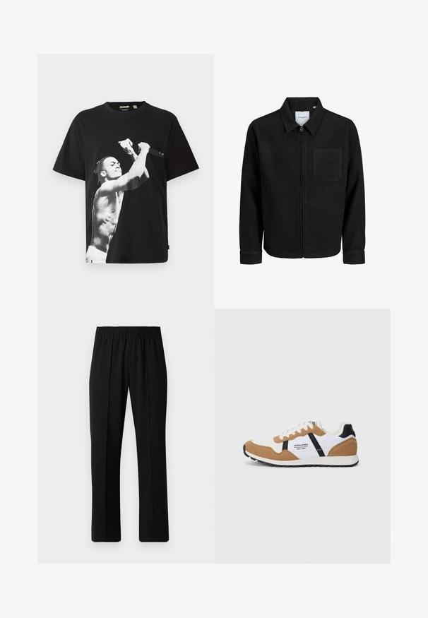 Čierna zipsová bunda s golierom a jednou náprsníkou, vystavená na bielom pozadí.; Čierne veľké tričko s veľkým čierno-bielym grafickým motívom nahého muža, ktorý drží mikrofón. Vyrobené z bavlnenej látky.; Čierne nohavice s elastickým pásom a rovnými nohavicami, majú hladkú textúru a žiadne viditeľné vzory ani kovové doplnky.; Retro štýlové tenisky s bielou, pieskovou zamšou, čiernymi akcentmi, bielymi šnúrkami a logom "Jack & Jones EST. 1990" na boku.