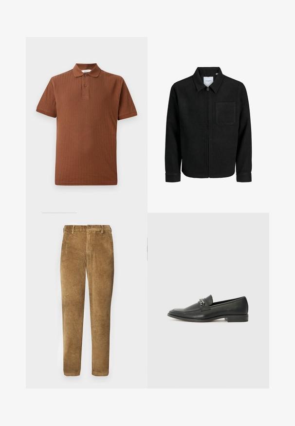 Crna jakna na zip s ovratnikom i jednim džepom na prsima, prikazana na bijeloj pozadini.; Smeđa rebrasta polo majica s klasičnom kragnom, plaketom s dva dugmeta i kratkim rukavima. Izrađena od mekanog materijala s teksturiranim završetkom.; Smeđe kadife hlače s vertikalnom rebrastom teksturom, ravnog kroja, zatvaranjem na dugme i petljama za remen. Glatka tkanina s mekanim završetkom.; Crna kožna loafer cipela s glatkom finišem, s ušivenim uzorkom i dekorativnim metalnim lancem preko prednjeg dijela. Ravni potplat.