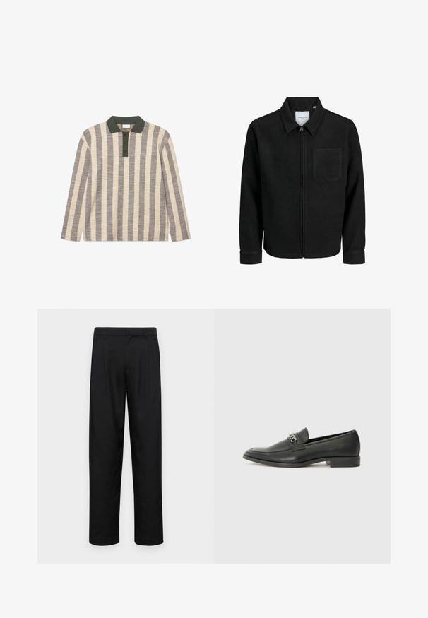 Čierna zipsová bunda s golierom a jednou náprsníkou, vystavená na bielom pozadí.; Pruhovaná polo košieľka s dlhým rukávom v krémovej a šedej farbe, s zeleným golierom a štyrmi gombíkmi, s jemným vyšívaným logom.; Čierne nohavice vyrobené z hladkej tkaniny, s rovnými nohavicami, dvoma prednými skladmi a štandardným pásom s pútkami na opasok.; Čierne kožené loafers s hladkým povrchom, s prešitým dizajnom a dekoratívnym kovovým reťazovým akcentom cez priehlavok. Plochý podpätok.