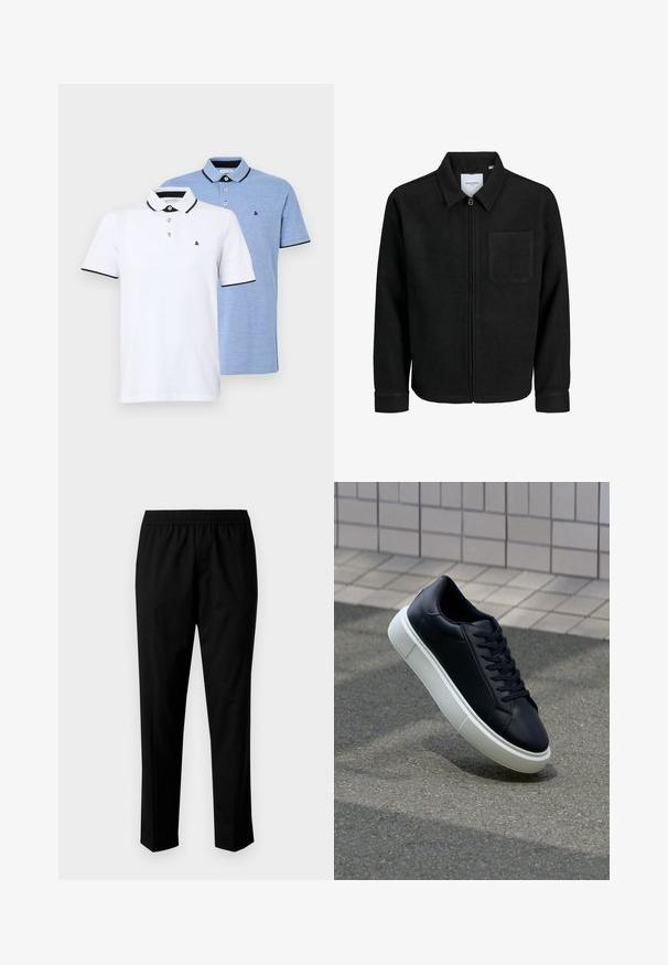Giacca nera con zip, colletto e una tasca sul petto, mostrata su sfondo bianco.; Due polo shirt: uno bianco con dettagli neri, l'altro in blu chiaro melange. Ognuno presenta un colletto e una chiusura a due bottoni con logo.; Pantaloni neri con una vita elastica, caratterizzati da un design a gamba dritta. Il tessuto sembra liscio con una texture opaca, senza motivi visibili.; Sneaker in pelle nera con punta arrotondata e suola in gomma bianca. Presenta lacci piatti e cuciture minime sulla parte superiore. Suola testurizzata per una migliore aderenza.
