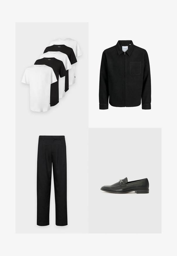 Fekete, zipzáros dzseki gallérral és egyetlen mellzsebbel, fehér háttéren.; Öt darab póló szett: három fehér és két fekete. Klasszikus környakú kialakítás, rövid ujjú, pamut anyag, sima textúra, standard fazon.; Fekete nadrág sima anyagból, egyenes szárú fazonnal, két elülső redővel és közönséges derékkal, övhurkokkal.; Fekete bőr loaferek sima felülettel, varrott mintával és díszítő fém lánccal a cipő elején. Lapos sarok.