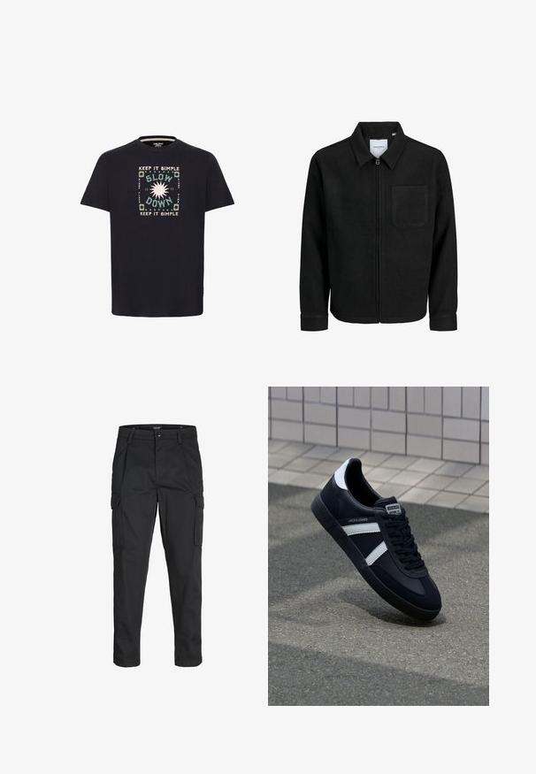 Chaqueta negra con cremallera y cuello, con un solo bolsillo en el pecho, expuesta sobre un fondo blanco.; Camiseta de algodón negra con un diseño gráfico colorido que incluye el texto "MANTENLO SIMPLE" y "DISMINUYE LA VELOCIDAD" rodeado de patrones circulares.; Pantalones cargo negros hechos de tela resistente, que cuentan con múltiples bolsillos, un cierre de botón y un diseño de corte slim con piernas ajustadas.; Zapatilla de cuero negra con rayas blancas, suela de goma texturizada y parte frontal con cordones. Cuenta con una etiqueta de marca en la lengüeta.