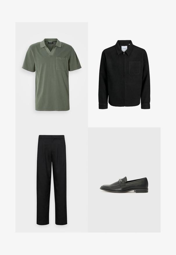 Fekete, zipzáros dzseki gallérral és egyetlen mellzsebbel, fehér háttéren.; Olivazöld, rövid ujjú pólóing V-nyakkal, mellzsebekkel és puha pamut textúrával. Minimalista dizájn, letisztult vonalakkal.; Fekete nadrág sima anyagból, egyenes szárú fazonnal, két elülső redővel és közönséges derékkal, övhurkokkal.; Fekete bőr loaferek sima felülettel, varrott mintával és díszítő fém lánccal a cipő elején. Lapos sarok.