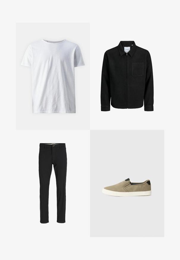 Juodas džemperis su užtrauktuku, apykakle ir vienu krūtiniu kišenėje, pristatytas baltame fone.; Balti trumpas rankovės marškinėliai, pagaminti iš lengvo audinio. Apvalus kaklas su glotniu paviršiumi ir jokiomis matomomis raštais ar akcentais.; Juodi medvilnės mišiniai kelnės su siauru siluetu, su mygtuko uždarymu, kišenėmis ir sukamučiais galais, suteikiančiais laisvalaikio stilių.; Taupe spalvoti bateliai be raištelių su tekstūruotu audiniu viršuje, kontrastingais juodais kulno akcentais ir balta guma padanga. Perforuotas dizainas, užtikrinantis oro pralaidumą.