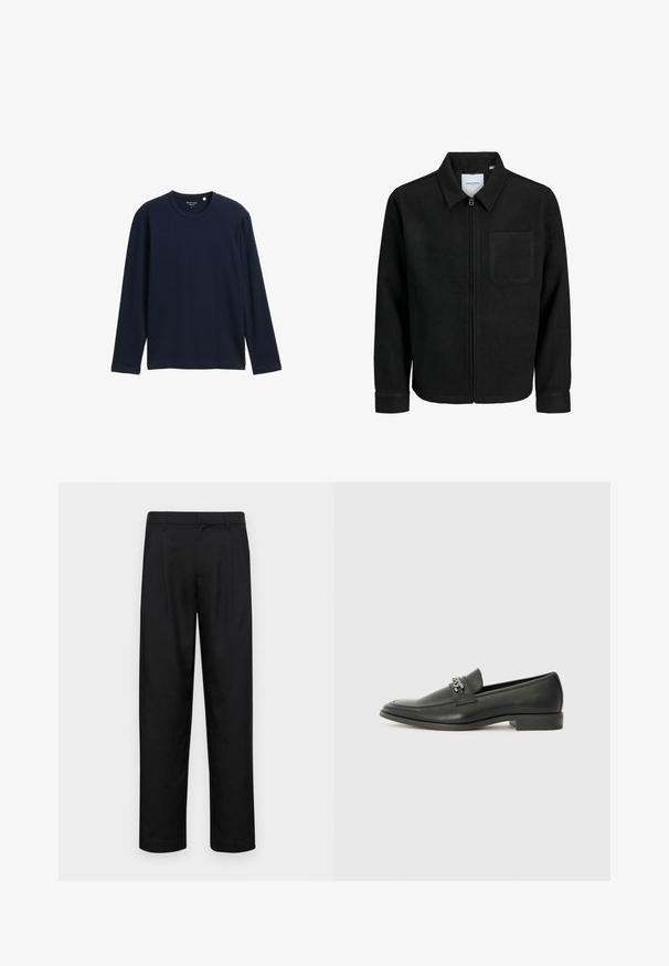 Schwarze Zip-Jacke mit Kragen und einer einzelnen Brusttasche, auf weißem Hintergrund präsentiert.; Dunkelblaues Langarm-T-Shirt aus weicher Baumwolle, mit rundem Ausschnitt und lockerer Passform, ohne sichtbare Muster oder Akzente.; Schwarze Hose aus glattem Stoff, mit geradem Bein Design, zwei vorderen Falten und einem Standardbund mit Gürtelschlaufen.; Schwarzer Lederloafer mit glatter Oberfläche, ausgestattet mit einer gesteppten Gestaltung und einem dekorativen Metallkettendetail über dem Vorderblatt. Flacher Absatz.