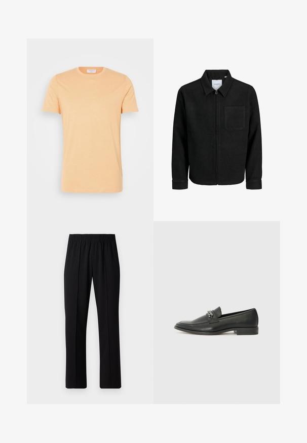 Zwarte zip-up jas met kraag en enkele borstzak, weergegeven op een witte achtergrond.; Licht perzikkleurig T-shirt met korte mouwen, gemaakt van zachte stof. Heeft een ronde halslijn en subtiele "Arrivederci" tekst aan de voorkant.; Zwarte, elastische broek met rechte pijpen, met een gladde textuur en zonder zichtbare patronen of hardware.; Zwarte leren instapper met een gladde afwerking, voorzien van een gestikt ontwerp en een decoratieve metalen kettingaccent over de wreef. Platte hak.