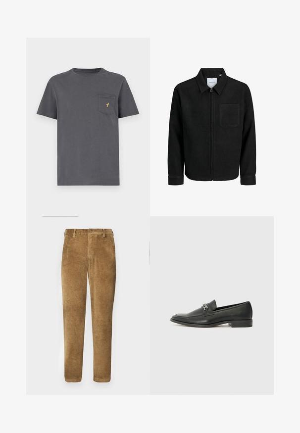 Giacca nera con zip, colletto e una tasca sul petto, mostrata su sfondo bianco.; T-shirt in cotone grigio con maniche corte, collo tondo e tasca con un piccolo logo dorato sul lato sinistro. Tessuto dalla consistenza liscia.; Pantaloni in corduroy marroni con texture a coste verticali, taglio dritto, chiusura con bottone e passanti per cintura. Tessuto morbido con una finitura liscia.; Mocassino in pelle nera con finitura liscia, caratterizzato da un design cucito e da un accento decorativo in catena metallica sul vamp. Tacco piatto.