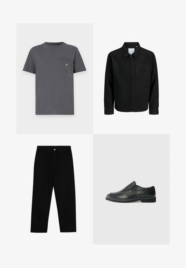 Chaqueta negra con cremallera y cuello, con un solo bolsillo en el pecho, expuesta sobre un fondo blanco.; Camiseta de algodón gris con mangas cortas, cuello redondo y un bolsillo que presenta un pequeño logo dorado en el lado izquierdo. Textura de tela suave.; Pantalones de mezclilla negra con corte recto, diseño de cinco bolsillos y cierre frontal con botón. Textura suave con detalles de costura mínimos.; Zapato negro de cuero sin cordones con un upper suave, detalles de costura, punta redonda y un bajo tacón de goma. La suela presenta una tracción mínima.