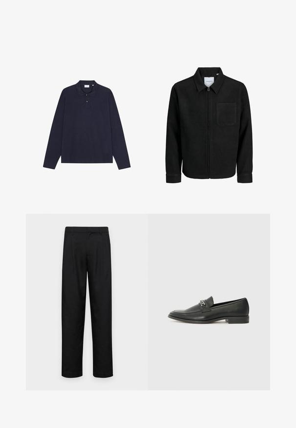 Čierna zipsová bunda s golierom a jednou náprsníkou, vystavená na bielom pozadí.; Tmavomodrá polo košeľa z bavlny s dlhým rukávom a golierom, s trojitém zapínaním na gombíky a jednoduchou textúrou. Žiadne viditeľné vzory ani akcenty.; Čierne nohavice vyrobené z hladkej tkaniny, s rovnými nohavicami, dvoma prednými skladmi a štandardným pásom s pútkami na opasok.; Čierne kožené loafers s hladkým povrchom, s prešitým dizajnom a dekoratívnym kovovým reťazovým akcentom cez priehlavok. Plochý podpätok.