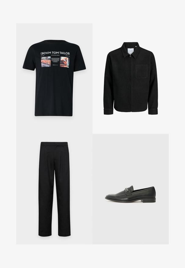 Juodas džemperis su užtrauktuku, apykakle ir vienu krūtiniu kišenėje, pristatytas baltame fone.; Juodas medvilninis marškinėlis su grafiniu spaudiniu, kuriame yra spalvingos nuotraukos ir tekstas priekyje, apvaliu kaklu ir trumpomis rankovėmis.; Juodi kelnių modeliai, pagaminti iš lygios medžiagos, turi tiesią kojas, du priekiniai klostės ir standartinę juosmenį su diržo kilpomis.; Juodos odinės loafer tipo bateliai su lygiu paviršiumi, turintys siuvinėtą dizainą ir dekoratyvų metalo grandinėlės akcentą ant batų viršaus. Plokščias kulnas.