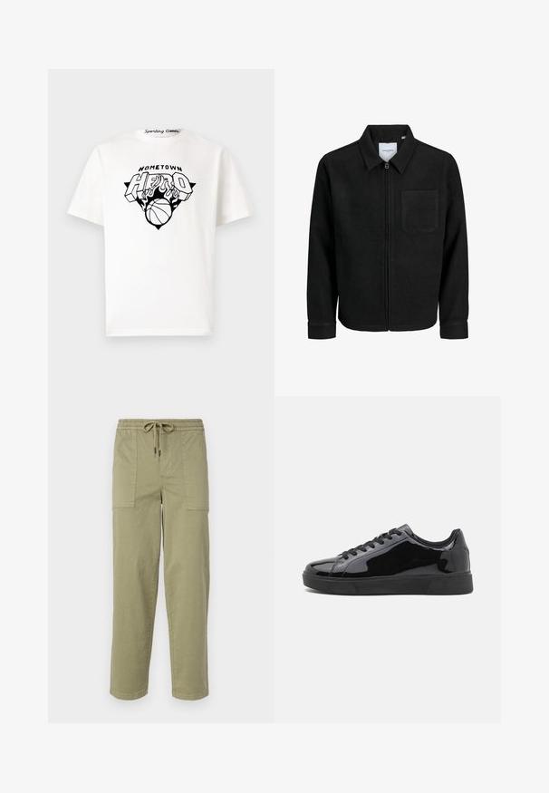 Schwarze Zip-Jacke mit Kragen und einer einzelnen Brusttasche, auf weißem Hintergrund präsentiert.; Weißes Baumwoll-T-Shirt mit einem schwarzen Grafikumdruck, der "HOMETOWN HERO", Flammen und ein Basketballdesign in der Mitte der Vorderseite zeigt.; Helle olivgrüne Hose aus Baumwollmischgewebe, mit einem elastischen Bund und Kordelzug sowie zwei großen Seitentaschen.; Schwarze Lackledersneaker mit runder Spitze, flacher Gummisohle und schwarzen Schnürsenkeln. Glatte, glänzende Textur auf der Oberfläche.