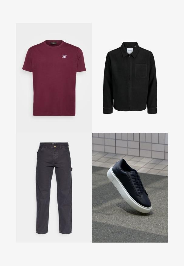 Juodas džemperis su užtrauktuku, apykakle ir vienu krūtiniu kišenėje, pristatytas baltame fone.; Bordo medvilnės marškinėliai su apvaliu kaklu, trumpomis rankovėmis ir mažuoju baltu logotipu kairėje krūtinės pusėje. Lygus paviršius ir klasikinis kirpimas.; Tamsiai pilkos krovininės kelnės, pagamintos iš patvarios medžiagos, su tiesaus kirpimo, penkiomis kišenėmis ir mygtukiniu užtrauktuku liemens srityje.; Juodas odinis sportbačius su apvaliu pirštu ir baltu gumuotu padu. Turi plokščias raišteles ir minimalų siuvimą viršuje. Padangos tekstūra užtikrina sukibimą.