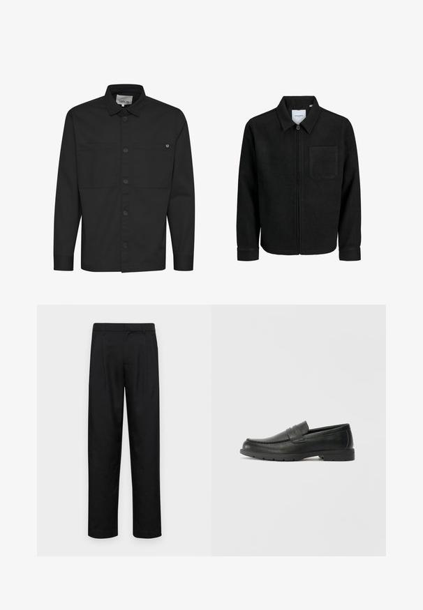 Black zip-up jacket with collar and single chest pocket, displayed on white background.; Black long-sleeve shirt featuring a button-up front, two chest pockets, and a pointed collar. Made from smooth fabric with a matte finish.; Black trousers made of smooth fabric, featuring a straight-leg design, two front pleats, and standard waistband with belt loops.; Black leather loafers with a smooth finish, moccasin-style upper, stitched detailing, and a rubber sole. Classic design with a low heel.