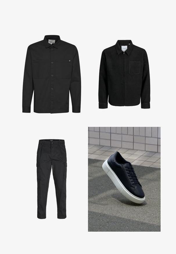 Black zip-up jacket with collar and single chest pocket, displayed on white background.; Black long-sleeve shirt featuring a button-up front, two chest pockets, and a pointed collar. Made from smooth fabric with a matte finish.; Black cargo pants made of sturdy fabric, featuring multiple pockets, a button closure, and a slim fit design with tapered legs.; Black leather sneaker with rounded toe and white rubber sole. Features flat laces and minimal stitching on the upper. Textured sole for grip.