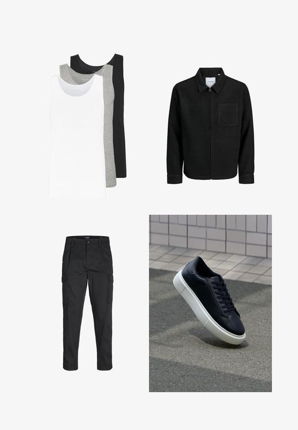 Crna jakna na zip s ovratnikom i jednim džepom na prsima, prikazana na bijeloj pozadini.; Tri majice bez rukava u bijeloj, sivoj i crnoj boji. Svaka ima klasičan dizajn bez rukava, izrađena je od lagane pamučne tkanine s rebrastom teksturom.; Crne cargo hlače izrađene od čvrstog materijala, s brojnim džepovima, kopčanjem na gumb i dizajnom koji pomaže da se prilagode tijelu sa suženim nogavicama.; Crne kožne tenisice s zaobljenim vrhom i bijelim gumiranim potplatom. Imaju ravne vezice i minimalno šivanje na gornjem dijelu. Teksturirani potplat za bolje prianjanje.