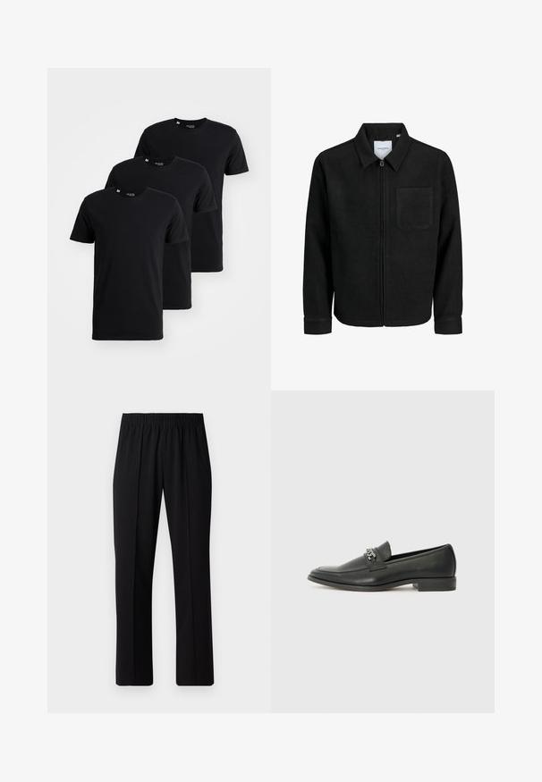 Černá zipová bunda s límečkem a jednou kapsou na hrudi, vystavená na bílém pozadí.; Tři černé bavlněné trička zobrazené ve stohovaném uspořádání. Každé má kulatý výstřih a krátké rukávy s hladkým povrchem.; Černé kalhoty s elastickým pasem a rovnými nohavicemi, s hladkým povrchem a bez viditelných vzorů nebo kovových doplňků.; Černé kožené mokasíny s hladkým povrchem, s prošívaným designem a dekoračním kovovým řetízkem přes nárt. Plochý podpatek.