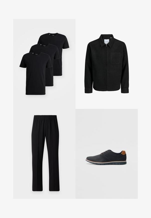 Černá zipová bunda s límečkem a jednou kapsou na hrudi, vystavená na bílém pozadí.; Tři černé bavlněné trička zobrazené ve stohovaném uspořádání. Každé má kulatý výstřih a krátké rukávy s hladkým povrchem.; Černé kalhoty s elastickým pasem a rovnými nohavicemi, s hladkým povrchem a bez viditelných vzorů nebo kovových doplňků.; Černé syntetické boty s texturovaným svrškem, hladkými detaily, hnědým podpatkem a kontrastní podrážkou. Obsahují minimální šněrování a švy.